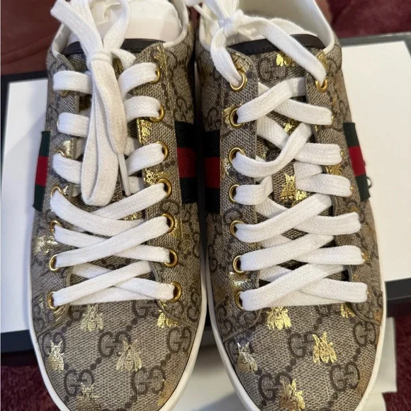 Gucci Monogram Sneakers with Red and Green Stripes - Picture 3 of 6